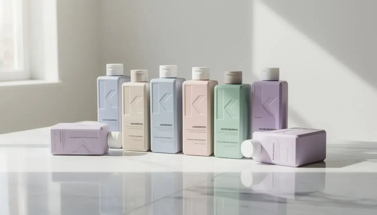 Billedet viser en elegant opstilling af forskellige Kevin Murphy shampoo designs.
