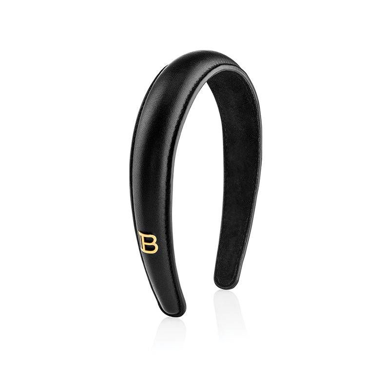 balmain black leather puffed headband gold plated logo