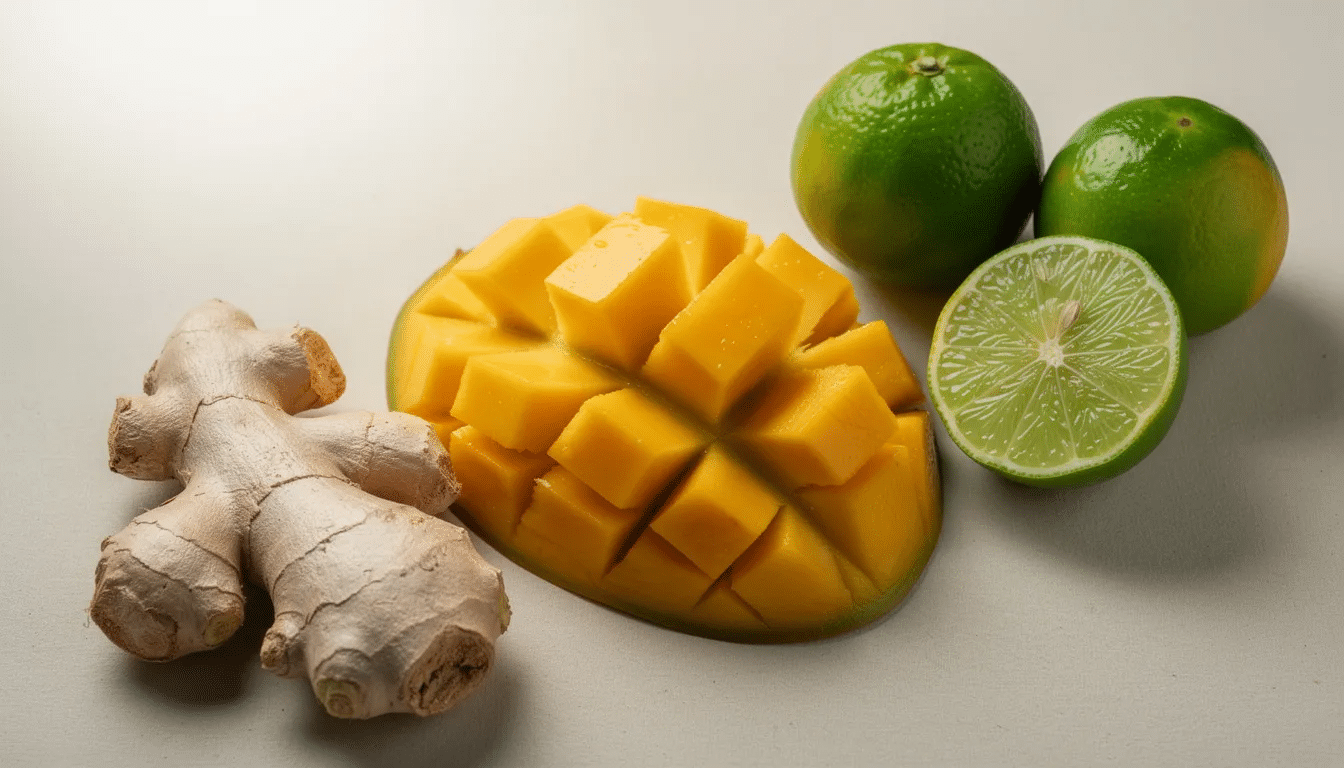 Billedet viser friske ingefærrod, skiver af mango og limefrugter arrangeret kunstnerisk for at fremhæve de naturlige ingredienser. Disse ingredienser kan inspirere til skønhedsprodukter som Kevin Murphy shampoo og conditioner, der fokuserer på naturlige og økologiske ingredienser til hårpleje.