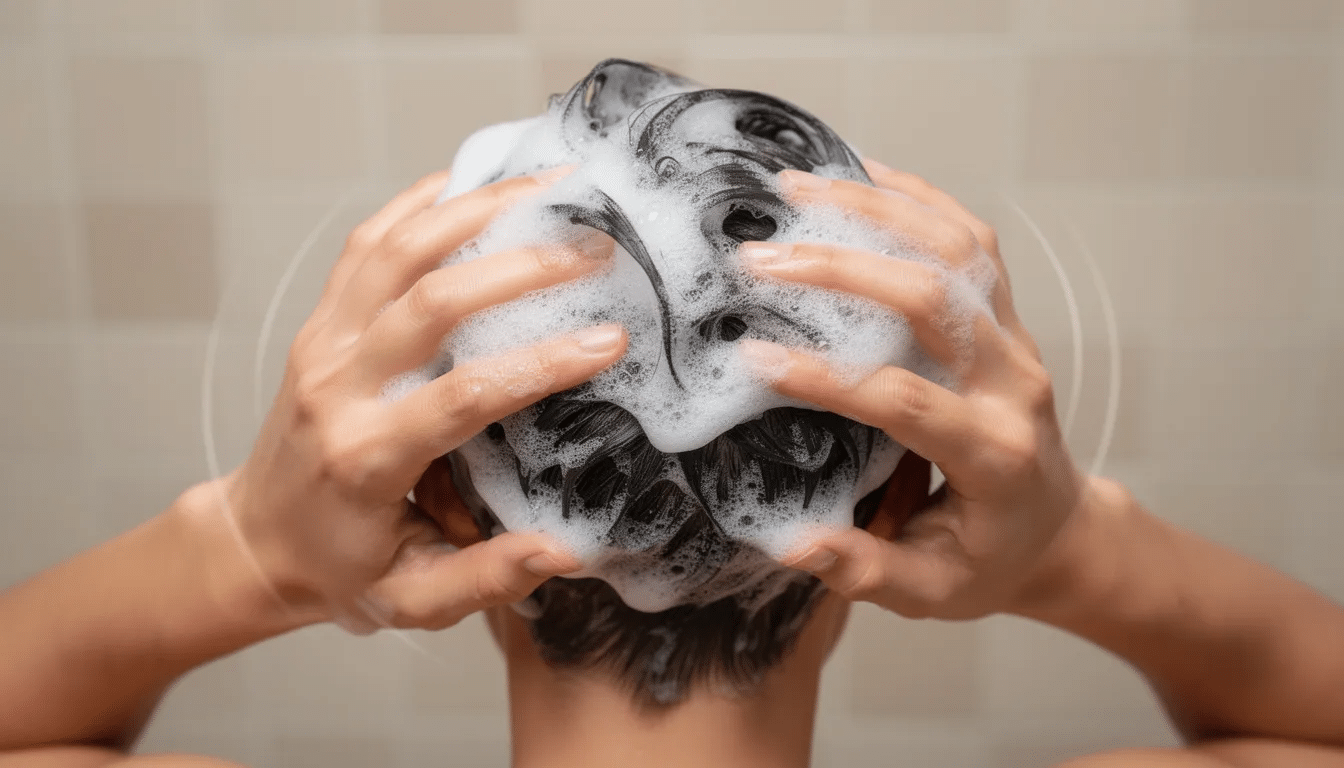 Billedet viser hænder, der masserer shampoo ind i hovedbunden med bløde, cirkulære bevægelser. Det illustrerer en effektiv hårplejeoplevelse med fokus på at pleje alle hårtyper, herunder krøllet og kruset hår, ved brug af kvalitetsprodukter som Kevin Murphy shampoo.