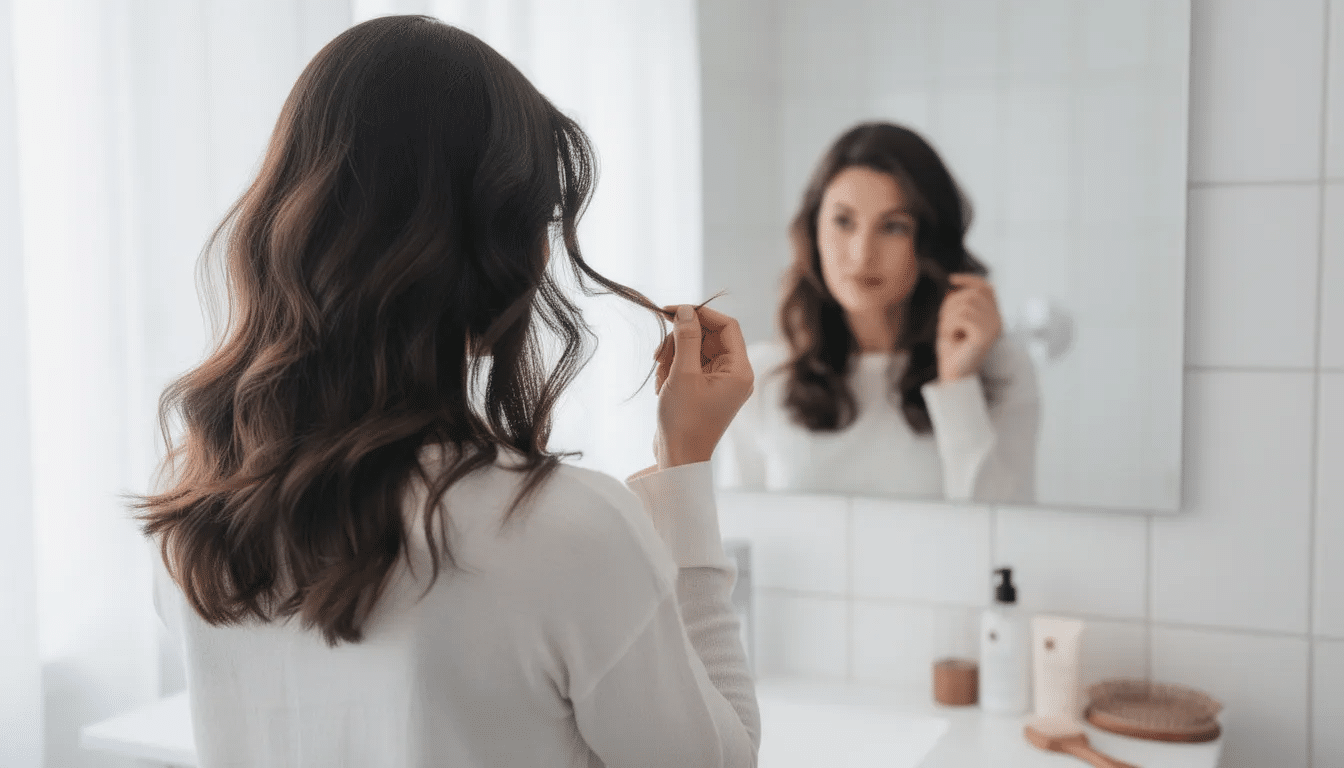 Billedet viser en kvinde, der undersøger sit hår i et spejl for at vurdere sin hårtype og tilstand. Hun fokuserer på sit krøllede hår og overvejer, hvilke hårprodukter fra Kevin Murphy, såsom shampoo og conditioner, der vil være bedst til hendes behov.