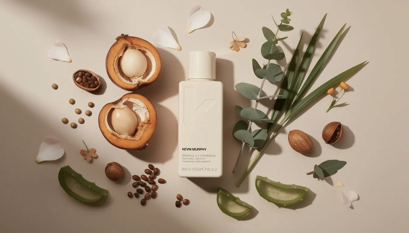 Billedet viser en samling af naturlige ingredienser som baobabfrugt og eukalyptusblade, der anvendes i Kevin Murphy produkter. Disse botaniske elementer understøtter de økologiske og fugtgivende egenskaber i Kevin Murphy shampoo og conditioner, hvilket gør dem ideelle til alle hårtyper.