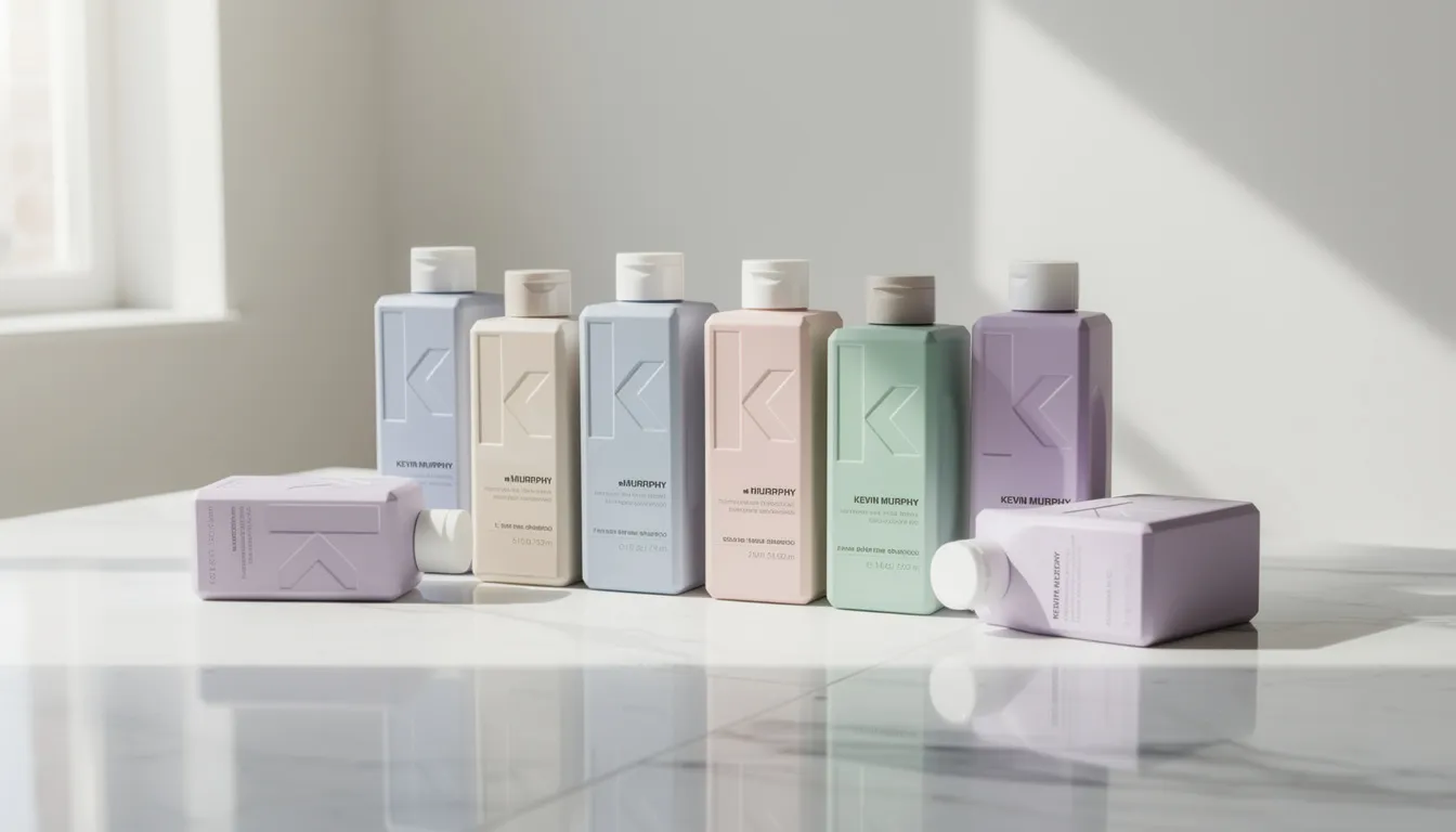 Billedet viser en elegant opstilling af forskellige Kevin Murphy shampoo designs.
